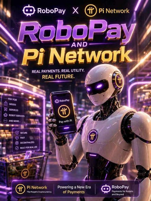 Promotional graphic for 'RoboPay X Pi Network' featuring a white robot holding a smartphone, with text 'REAL PAYMENTS. REAL UTILITY. REAL FUTURE.' and Pi Network branding throughout.
