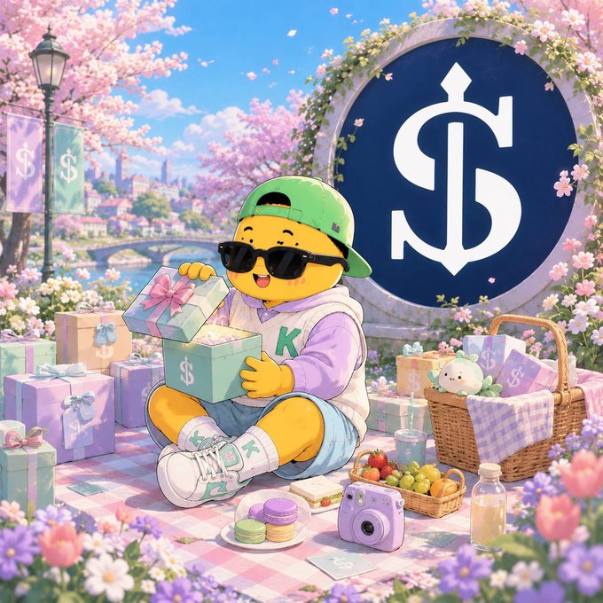 An illustration features a yellow emoji-like character wearing sunglasses and a green cap at a picnic, holding a gift box, with a large '$' logo emblem in the background.