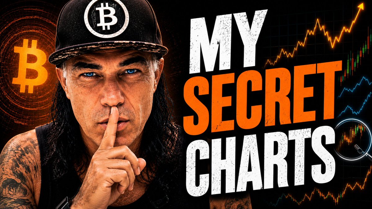 The image features a man wearing a cap with "B" and an orange background, sitting behind his face while making a finger nail into his middle finger. The post caption reads "THESE 3 BITCOIN CHARTS ARE MY SECRET!", emphasizing that the charts in the image are meant to be kept secret from others.