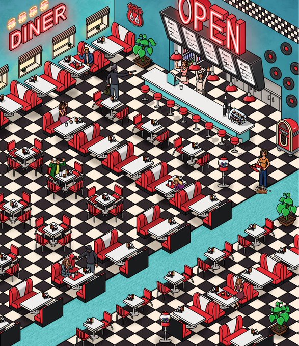 An isometric illustration of a retro-style diner with a black and white checkered floor, red booths and bar stools, a 'Route 66' sign, a jukebox, and 'OPEN' in neon letters.