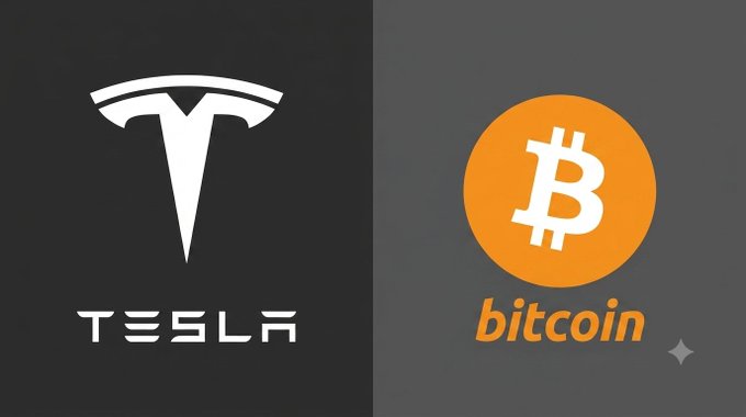 A split graphic showing the white Tesla logo on a black background on the left and the orange Bitcoin (₿) logo on a dark background on the right.