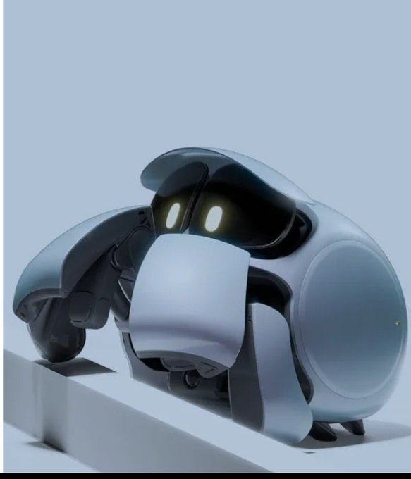A 3D render of a gray, spherical robot with glowing yellow eyes and a visor-like head, posed on a stepped white surface.