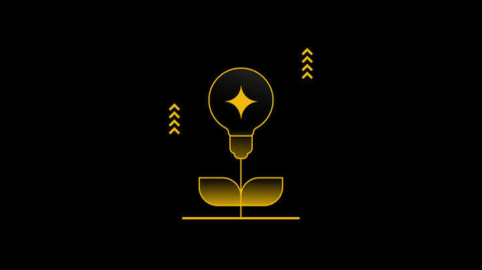 A golden minimalist icon of a light bulb sprouting from a small plant on a black background, flanked by upward chevrons, symbolizes the idea of growth and learning—reinforcing the post's message about starting a crypto journey on Binance through trusted education.