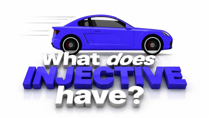 A graphic showing a blue sports car with motion lines above bold text reading 'What does INJECTIVE have?'