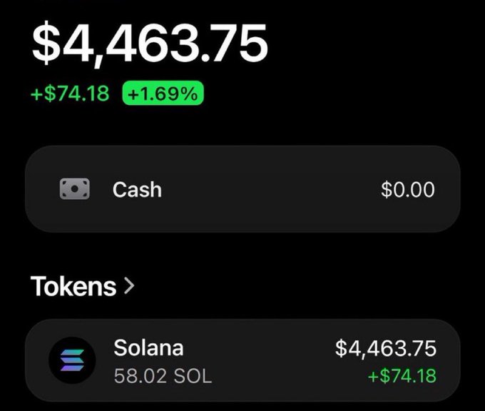 A crypto wallet interface displays a total balance of $4,463.75, showing a gain of +$74.18 (+1.69%), consisting of 58.02 SOL tokens, aligning with the post's teaser about checking wallets in 12 hours for a Solana airdrop or giveaway.