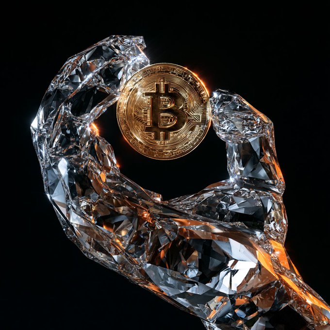 A 3D digital rendering of a translucent, crystalline hand holding a glowing gold Bitcoin coin against a black background.