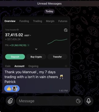 A mobile trading app displaying a total portfolio of $37,415.02 USDT, with a message from a user named Mannuel about trading success.
