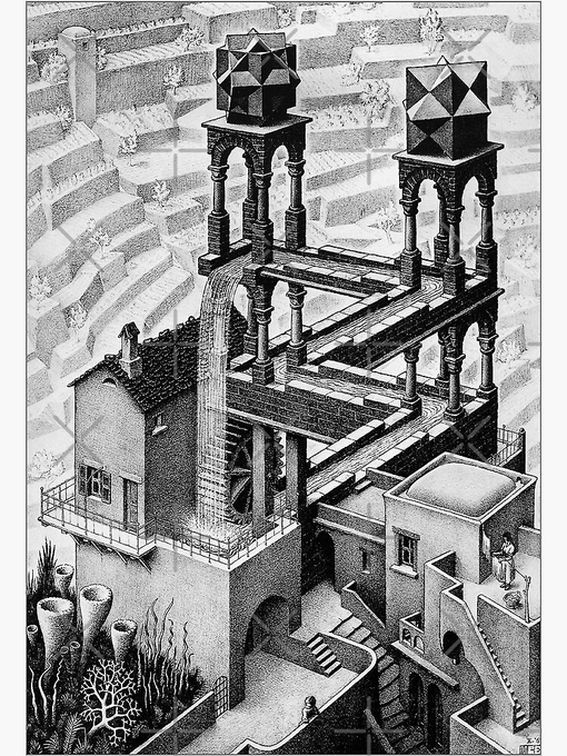 Black-and-white lithograph featuring an impossible architectural structure with water flowing down a channel, columns, and geometric roofs, signed 'MCE' in the corner, characteristic of M.C. Escher's work.
