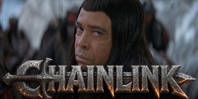 Promotional artwork for the game 'CHAINLINK' featuring a man with long dark hair and a sword design incorporated into the title's metallic lettering.