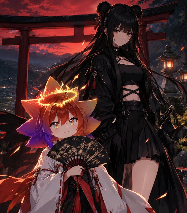 An anime-style illustration featuring a tall woman with long black hair in dark clothing standing behind a smaller character with an orange flower-like halo and red hair, set against a red torii gate and sunset.