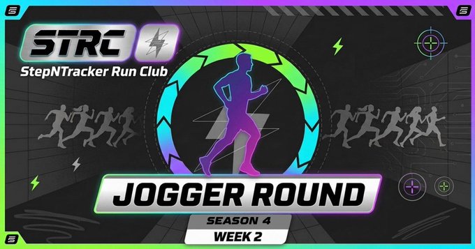 The image features a poster or banner that displays information about an upcoming StepNTracker Run Club competition called "JOGGER ROUND" for the season of "Week 2". The poster includes details such as the name of the club, the event's title, and the current status of the competition. It also indicates that this is a StepNTracker Run Club competition built specifically for the StepN community in the StepN Tracker Run Club (STRC) series. The poster highlights that the competition is currently complete Week 1, with all runs completed, and it is scheduled to be live Week 2, where the focus will be on the JOGGER only segment of the event.