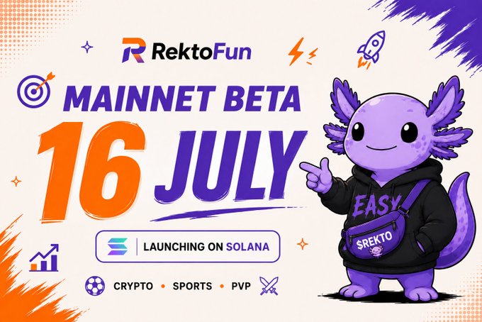 A promotional graphic for 'RektoFun MAINNET BETA' launching '16 JULY on SOLANA', featuring a purple axolotl mascot in an 'EASY'/$REKTO' hoodie and a 'CRYPTO • SPORTS • PVP' tagline.