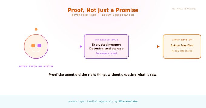 An infographic titled "Proof, Not Just a Promise" illustrating a process from "ANIMA TAKES AN ACTION" to "SOVEREIGN MODE" and "ZKURT RECEIPT", with the text "Proof the agent did the right thing, without exposing what it saw."