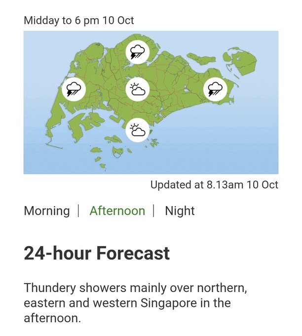 A weather forecast for Singapore showing 'Midday to 6 pm 10 Oct' with a map indicating thundery showers in northern, eastern, and western regions, updated at 8.13am 10 Oct.