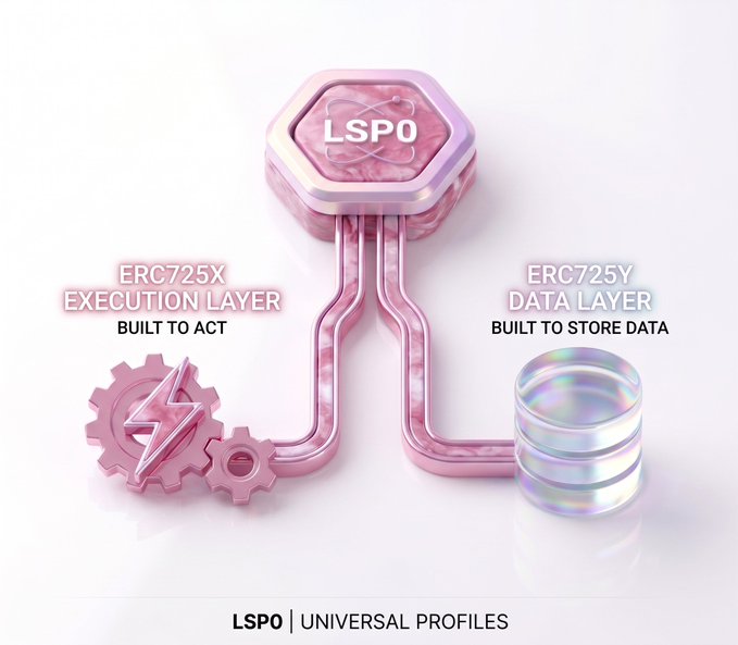 A digital infographic with a pink central hexagonal hub labeled 'LSPO' connecting two paths: 'ERC725X EXECUTION LAYER - BUILT TO ACT' on the left with a gear icon, and 'ERC725Y DATA LAYER - BUILT TO STORE DATA' on the right with a database icon, captioned 'LSPO | UNIVERSAL PROFILES'.
