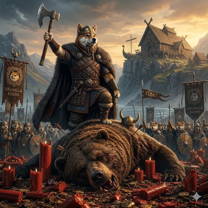 A Viking Shiba Inu stands triumphant atop a defeated bear, holding an axe aloft amidst a horde of chanting Shiba Inu warriors and banners that read "FLOKI" and "VALHALLA BOUND". This imagery visually represents the "bear is defeated, $FLOKI is back" message by depicting a victory over a bear, a common symbol for bear markets in finance, with FLOKI prominently displayed.