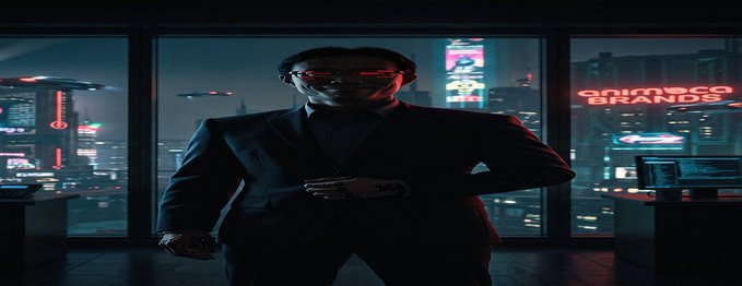 A figure in a suit and hat with glowing red visor stands in front of a window overlooking a neon-lit cyberpunk cityscape with signage reading 'BUSINESS BRANDS'.