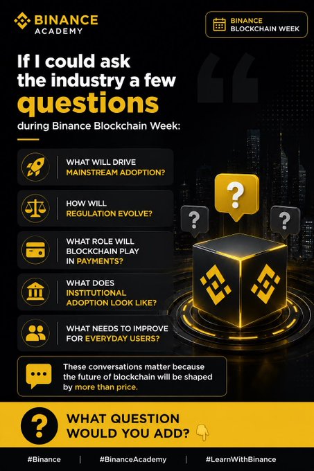 A Binance Academy promotional graphic for Binance Blockchain Week poses five key industry questions displayed with icons—including mainstream adoption, regulation evolution, blockchain in payments, institutional adoption, and improvements for everyday users—alongside a glowing Binance-branded cube. The image ends with an interactive prompt asking viewers "What question would you add?" to continue the conversation.