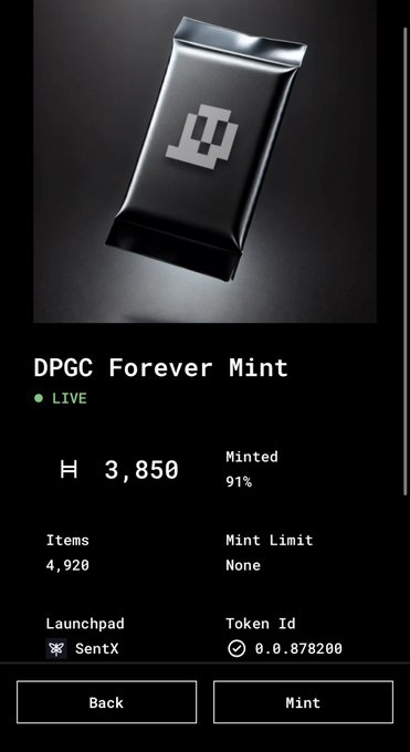 A crypto NFT minting interface showing 'DPGC Forever Mint' as LIVE, with 3,850 minted (91%) out of 4,920 items on the SentX launchpad.
