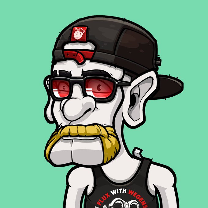 A cartoon character with a blonde mustache, red-tinted sunglasses, and a backward black cap featuring a bulldog logo is shown on a teal background, wearing a tank top that reads "FLUX WITH WEGENS." The bold, branded mascot aligns with the post's "Wegen Wednesday" ETH-focused vibe, embodying the energetic, bullish spirit the author is promoting.