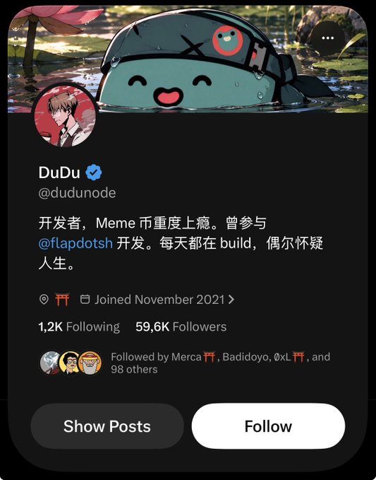 A Twitter/X profile for "DuDu" (@dudunode), a verified developer who self-describes as being addicted to meme coins and having participated in @flapdotksh development, with 59.6K followers and joined November 2021. The image relates to the post about the NFT market comeback, showing a profile that embodies the developer/builder culture of the meme coin and NFT space referenced in the tweet.
