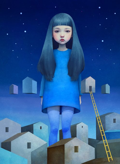 A surreal illustration of a pale girl with long dark hair wearing a blue dress, standing among small grey houses under a starry night sky, with a yellow ladder leaning against one of the houses.