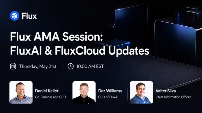 A promotional video for Flux AMMA session, featuring three men and a logo on a dark gray background with blue text.