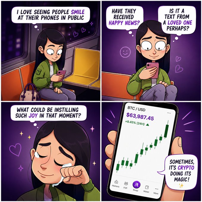 A four-panel comic showing a woman on public transit smiling at her phone, wondering what brings people such joy, before revealing the phone displays a BTC/USD price chart at $63,987.45 up 8.45% in 24 hours, with the punchline 'Sometimes, it's crypto doing its magic!'