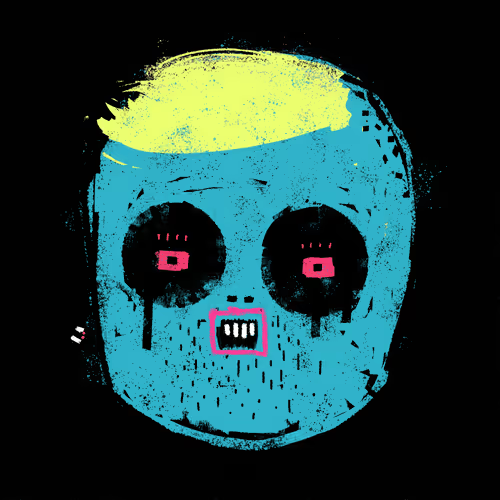 A stylized, grungy digital illustration of a cyan-colored skull-like face with yellow hair, dark eyes containing pink squares, and pink rectangular teeth against a black background.