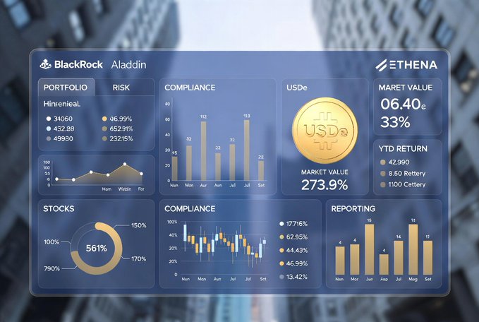 A financial dashboard mockup showing BlackRock Aladdin and Ethena branding with USDe market data (273.9%, 06.40G), portfolio holdings, YTD return of 42.9%, and various compliance/stocks/reporting charts displayed over a cityscape background.