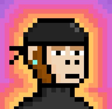 Pixel-art style portrait of a person with dark hair, a black cap, and an earring, set against a vibrant pink and orange background.
