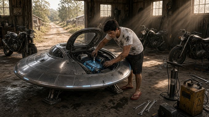 A digital artwork depicts a young man working on the glowing blue engine inside a metallic, saucer-shaped UFO inside a rustic, wooden barn, with motorcycles and tools scattered around.