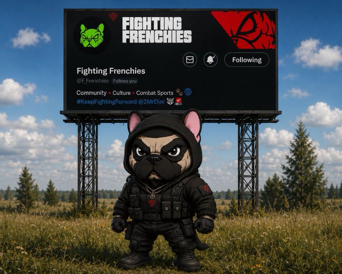 A cartoon French Bulldog character in tactical black gear standing in a grassy field in front of a billboard for 'Fighting Frenchies' (@F.Frenchies).