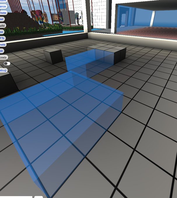 A 3D rendered room features a black and white tiled floor with translucent blue geometric shapes, with a control panel of build options visible on the left side.