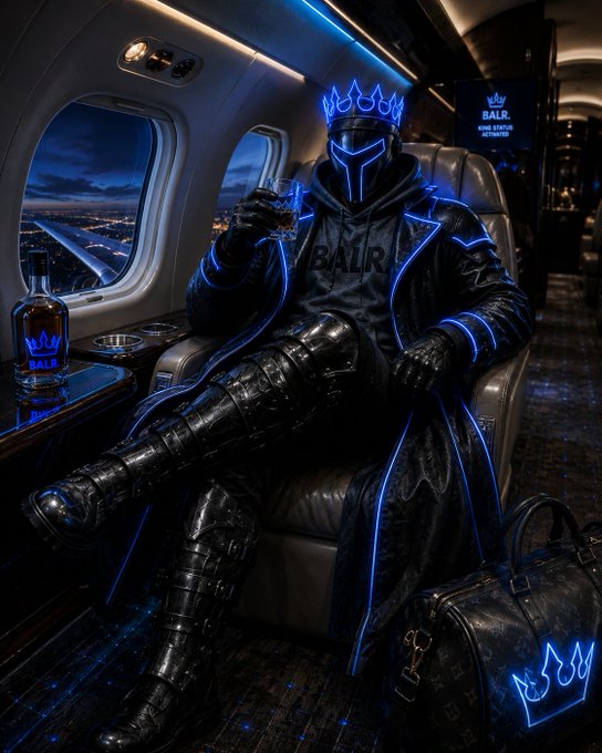 A futuristic figure wearing a glowing blue neon crown and 'BALR.' branded hoodie sits in a private jet, holding a glass next to a matching BALR. bottle and duffel bag.