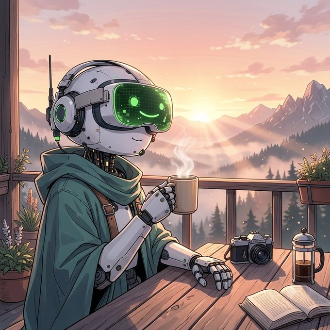 An anime-style illustration of a robot with a green digital face display wearing a green cloak, sitting at a wooden table holding a steaming mug, with a camera, book, and French press nearby, overlooking a mountainous sunset landscape.