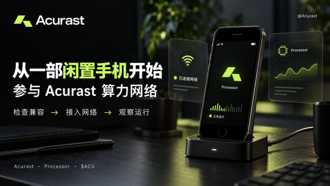 A promotional banner for "Acurast" advertising a computing network that utilizes idle phones, showing a smartphone on a charging dock displaying "正在运行" (Being processed), and text reading "从一部闲置手机开始 参与 Acurast 算力网络" (Start from an idle phone, join the Acurast computing network).