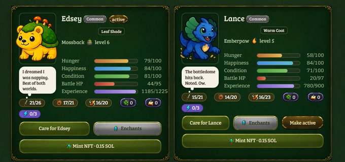 A screenshot from a digital pet or NFT game showing two character profiles: 'Edsey' a Mossback creature (level 6) and 'Lance' an Emberpaw creature (level 5), with dialogue bubbles and stat bars displayed.