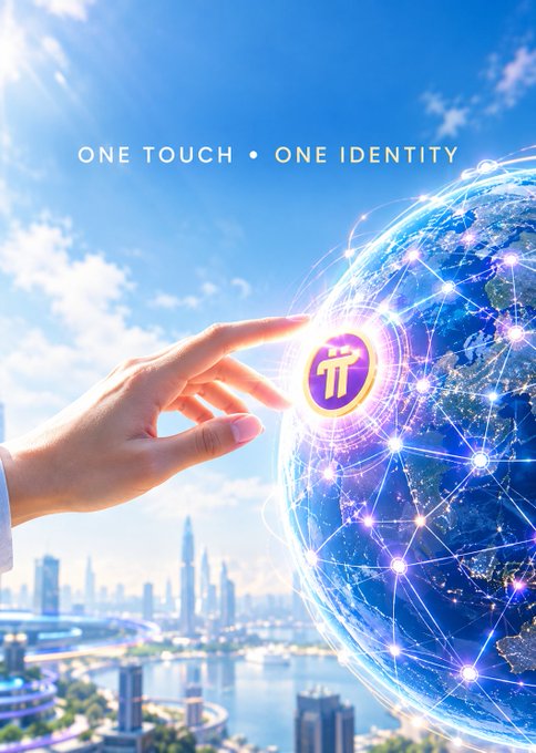 A hand reaches toward a glowing Pi Network logo on a digital, networked globe set against a bright city skyline, with the text "ONE TOUCH • ONE IDENTITY" displayed above. The imagery visually reinforces Pi Network's vision of replacing traditional global ID documents with palm-print biometric verification, symbolizing seamless, futuristic identity authentication through a single touch.