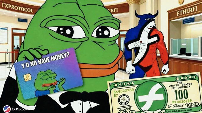 A meme-style image showing a Pepe the Frog character holding a credit card reading 'Y U NO HAVE MONEY?' in front of a bank, with a red and blue bull-like figure behind him and a $100 bill featuring the Pepe logo in the corner, watermarked 'FXPROTOCOL'.