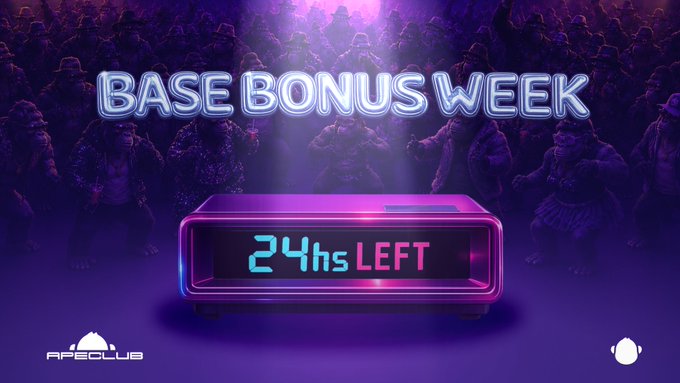 A promotional banner for 'ApeClub' announcing a 'BASE BONUS WEEK' with a digital countdown clock showing '24hs LEFT' against a purple background featuring silhouettes of apes.