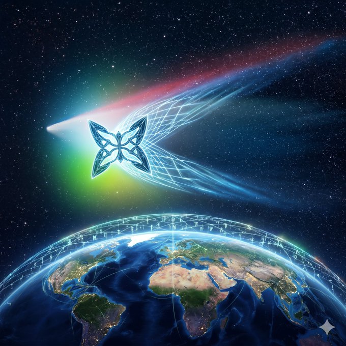 A glowing butterfly-shaped logo streaks across a starry sky above Earth, which is enveloped in a luminous digital grid of nodes and connections. The cosmic imagery mirrors the post's message about a Quip Network node running continuously in the background, symbolizing how the contributor's hardware keeps working and supporting a growing global network even while away.