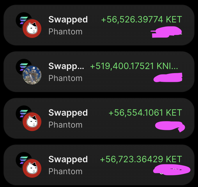 A screenshot of a mobile app interface showing a list of cryptocurrency transactions, each marked 'Swapped' on the Phantom platform, with positive amounts of KET and KNI tokens displayed in green text.