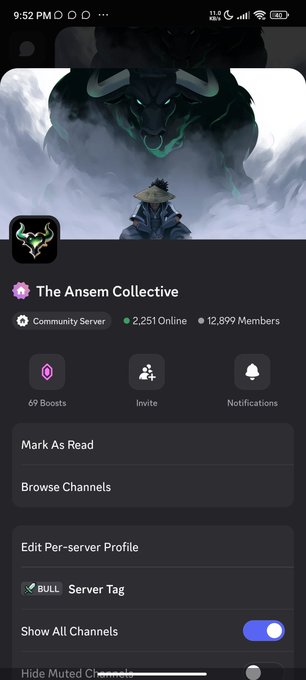 Screenshot of "The Ansem Collective" Discord community server showing 2,251 online users and 12,899 members, nearly matching the post's claim of approaching 13k members. The server features anime-style artwork of a character facing a horned figure as its banner.