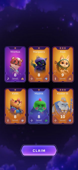 A mobile game interface displaying six character cards (Wontus, Margaery, Alya, Keith, Mazhik, Koator III) at level 8-10 with a 'CLAIM' button at the bottom.