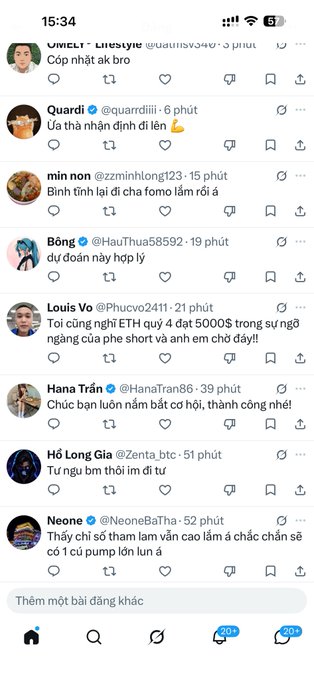 A screenshot of an X (Twitter) feed in Vietnamese at 15:34, showing posts from users 'OMELT', 'Quardi', 'min non', 'Bông', 'Louis Vo', 'Hana Trần', 'Hồ Long Gia', and 'Neone', discussing topics like ETH and pumps.