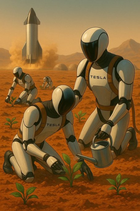 A digital illustration of humanoid robots labeled "TESLA" planting seedlings in a Martian landscape while a rocket lands in the background.