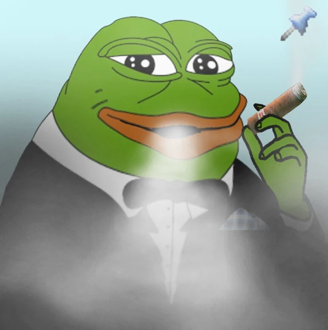 A digital illustration of Pepe the Frog dressed in a tuxedo, holding a lit cigar with smoke billowing around him.