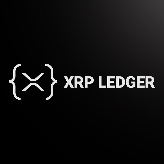 A black logo image displaying '{ XRP LEDGER }' in a coding-style design.
