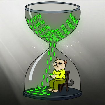 An illustrated cat sits inside an hourglass catching falling green candlesticks, symbolizing the passage of time as $CASHCAT accumulates bullish momentum before its next major price move.